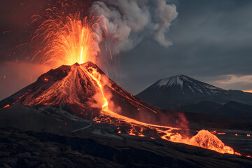 A powerful eruption of a volcano with flowing lava and spewing ash, showcasing the raw force of nature and geological activity.