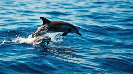 Obraz premium Two dolphins leap joyfully above the sparkling blue ocean, showcasing their playful nature and remarkable agility in the water.