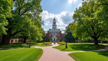 New student orientation, University quad with orientation signs historic buildings and green trees photorealistic.