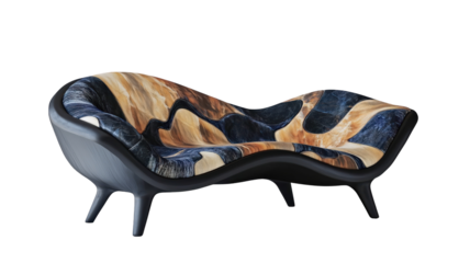 Sculptural Sofa: A modern, sculptural sofa with a unique, flowing design and richly textured upholstery in shades of blue and gold. The piece is set against a clean background.