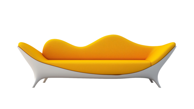 Yellow Wave Sofa: A modern, stylish sofa with a unique wave-like design, upholstered in vibrant yellow fabric and accented with sleek white legs.