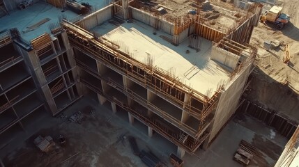 Fototapeta premium Aerial perspective showing construction site with unfinished concrete structure