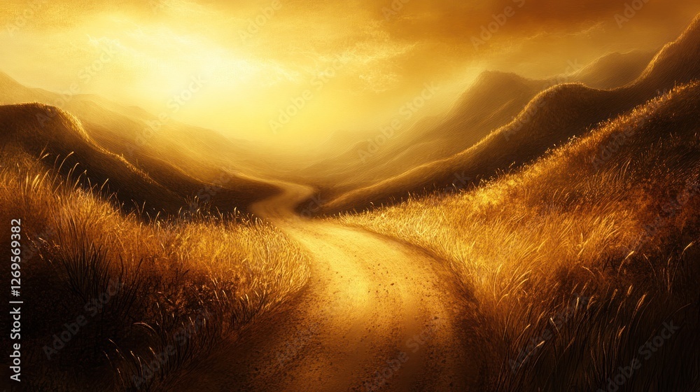 Poster winding path curves through golden hills towards a hazy horizon