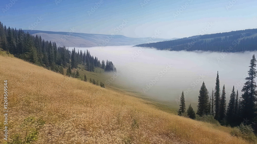 Aufkleber valley filled with fog between hills and coniferous trees