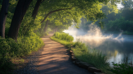 Fototapeta premium Quiet walking trail along a scenic river, surrounded by lush greenery and soft mist rising from the water, with morning sunlight casting a soft glow on the pathway Generative AI
