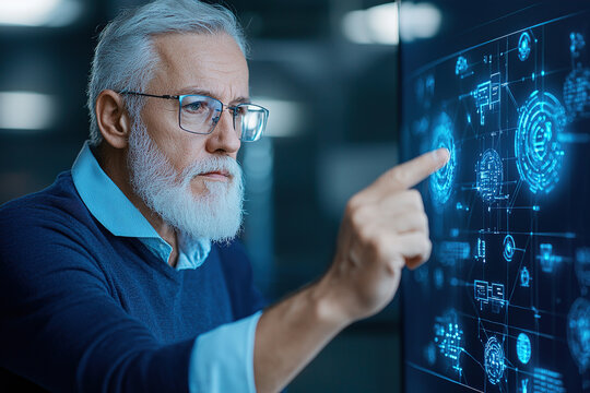 Senior man interacting with digital interface for data analysis and innovation