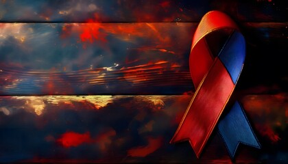 Red and blue ribbon celebrating international firefighters day on wooden background
