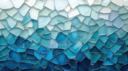 Abstract geometric background features broken tile patterns in blue and aqua shades creating a cascading water effect
