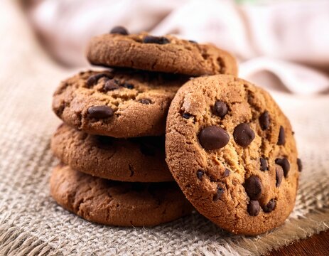 Delicious stack of chocolate chip cookies resting on rustic burlap - Powered by Adobe