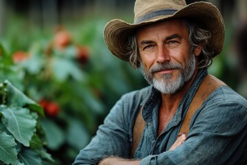 Elderly farmer in a hat on the background of a garden bed. The concept of farming and agriculture