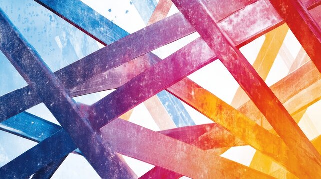 Colorful intercrossing metal beams creating abstract geometric pattern