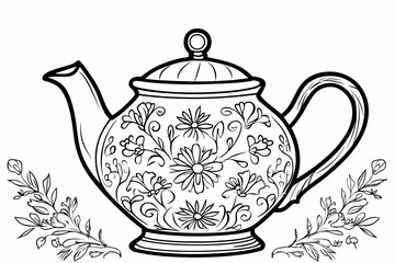 Teapot Line Art with Floral Design and Decorative Plant Accents
