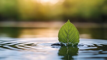World Water Day concept. Magnified Green Leaf Reflecting in Calm Freshwater Surface Symbolizes Nature s Tranquility