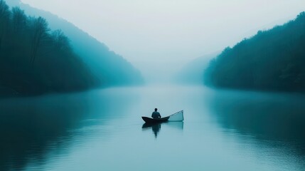 Fototapeta premium World Water Day concept. Misty Morning by a Serene River with a Lone Fisherman Casting