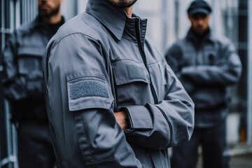 Armed security team wearing gray uniforms stand guard.