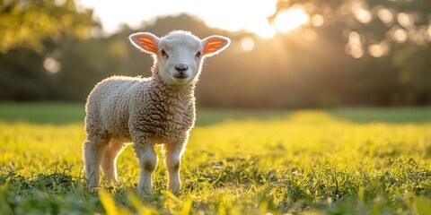 Fototapeta premium portrait of cute little lamb grazing in green spring meadow