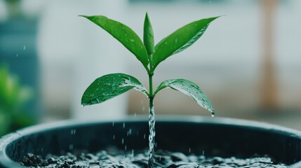 World Water Day concept. Tender Seedling Nourished by Gentle Stream of Water