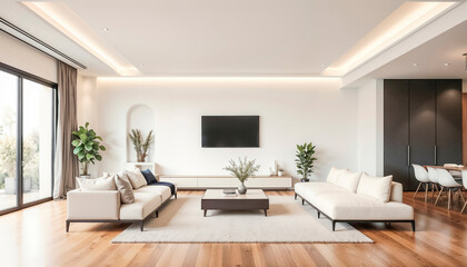 Modern interior design of elegant living room with comfortable furniture