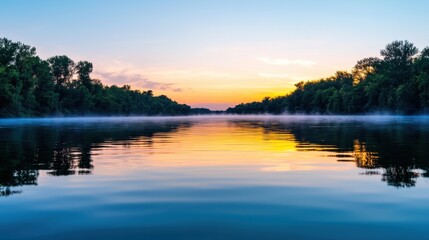 Fototapeta premium World Water Day concept. Tranquil Sunrise Reflection on Misty River in Serene Natural Landscape