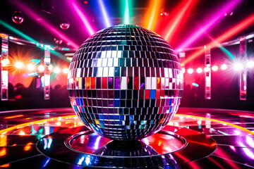 A disco ball with multicolored lights on the bottom