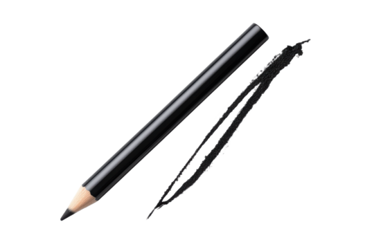 Deep black kohl eyeliner pencil with precisely drawn line on white background