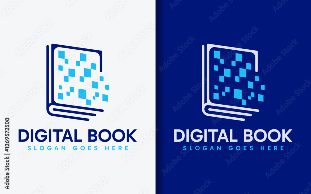 Poster digital book logo design. abstract minimalist navy book and digital tech element combination. vector