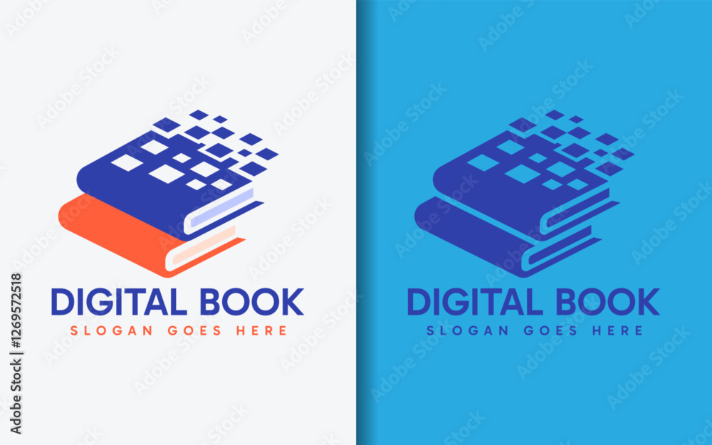 Poster digital book logo design. blue and orange book combination with digital square element. vector symbo