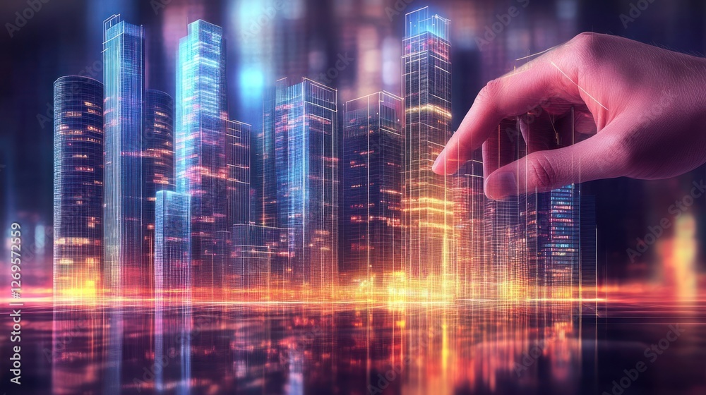 Poster hand interacts with holographic city architecture in a futuristic design