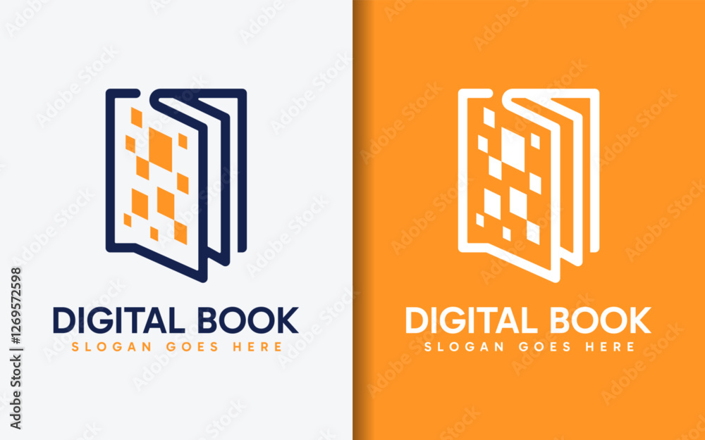 Poster digital book logo design. black book shape and square digital element combination. vector logo illus