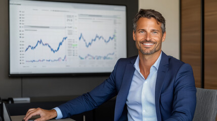 financial advisor presenting business plan with charts and graphs in modern office setting. professional atmosphere conveys confidence and expertise