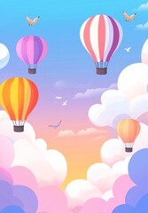 Colorful hot air balloons floating in a pastel sky with clouds, ideal for a children's book or mobile wallpaper