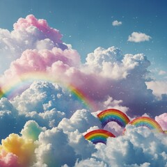 "Kawaii-style computer wallpaper with happy rainbows and fluffy clouds on a white background."
