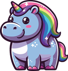 Fototapeta premium Magical Unicorn: A whimsical illustration of a blue unicorn with a rainbow mane and horn, sparkling with magical glitter, with a cute expression and a vibrant, colorful design. 