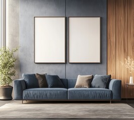 Modern Living Room Interior Featuring Blue Sofa and Blank Frames On Gray Wall. Interior Design Ideas For A Cozy Living Room. Example Of Home Decor With Blank Canvases For Artwork Display. Soft and
