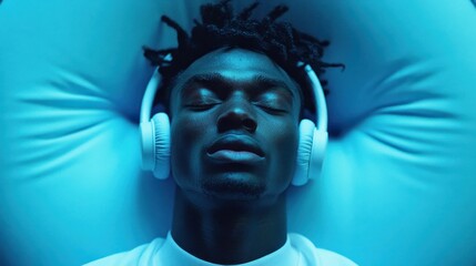 Person Relaxing While Wearing Noise Cancelling Headphones in Blue Light