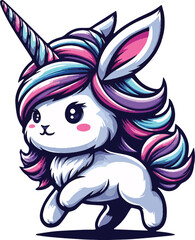 Rainbow Mane Bunnycorn: An adorable cartoon bunny with a vibrant rainbow-colored unicorn horn and mane, playfully prancing.  Perfect for children's books, apparel, or whimsical designs.