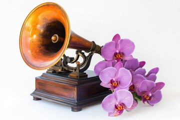 Antique gramophone with vibrant purple orchids, a nostalgic and elegant still life.