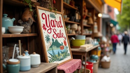 Yard sale posters, Marketplace scene with yard sale poster on stall featuring kitchenware and crafts.