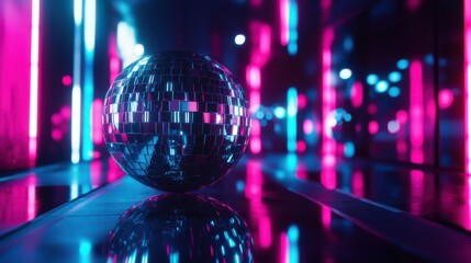 Disco ball reflecting vibrant lights in a colorful dance club setting at night