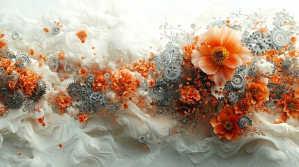 Abstract floral steampunk composition with orange flowers and metallic gears in swirling white paint.