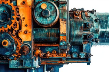 Fototapeta premium Close-up of a rusty, teal and orange industrial machine, showcasing intricate gears and mechanisms.