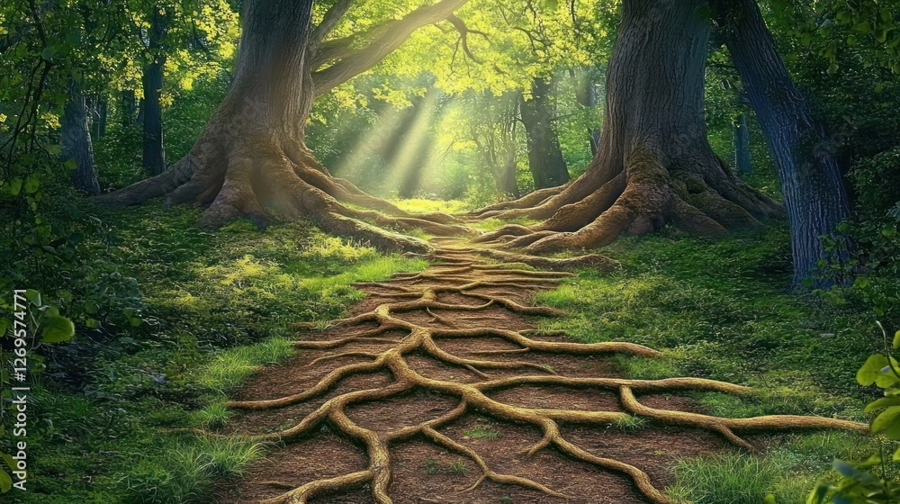 Poster Sunlit path through enchanting forest with exposed tree roots