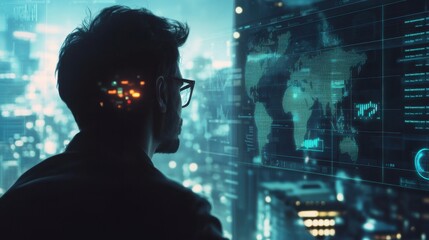 Man observes digital map while surrounded by city lights in a futuristic setting