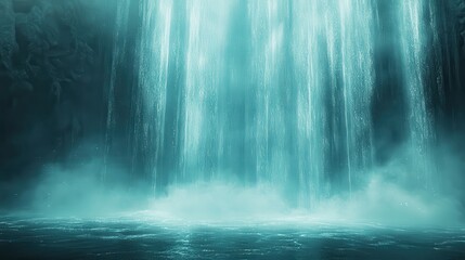 Glowing aqua beams descend like light reflecting on a waterfall creating an abstract geometric atmosphere