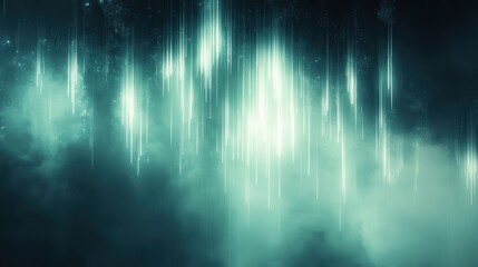 Glowing vertical beams create an abstract geometric background resembling light reflecting on a waterfall in aqua and white shades