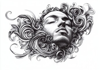 Monochrome Portrait Of Man Surrounded By Ornate Decorative Scrollwork Art