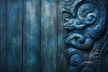 Naklejka premium Intricate carved stone relief against a backdrop of dark blue wood planks.