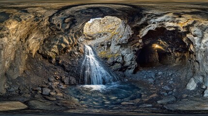 Naklejka premium Waterfall cascading through cave, mountain landscape, 360 view, nature background, travel photography