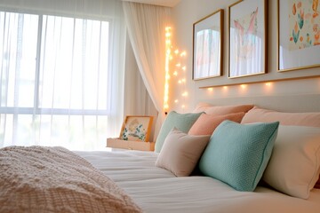 Obraz premium Serene Haven: Cozy Pastels and Warm Lights Create a Dreamy Bedroom Retreat