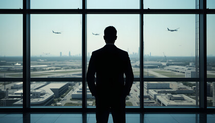 Fototapeta premium Businessman Silhouette Contemplating Cityscape View From High-Ri